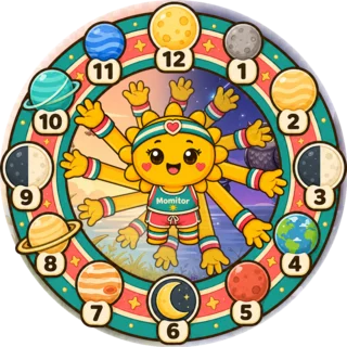The Mom Clock: mom mascot centered inside a 12-hour ring with arms reaching to each hour