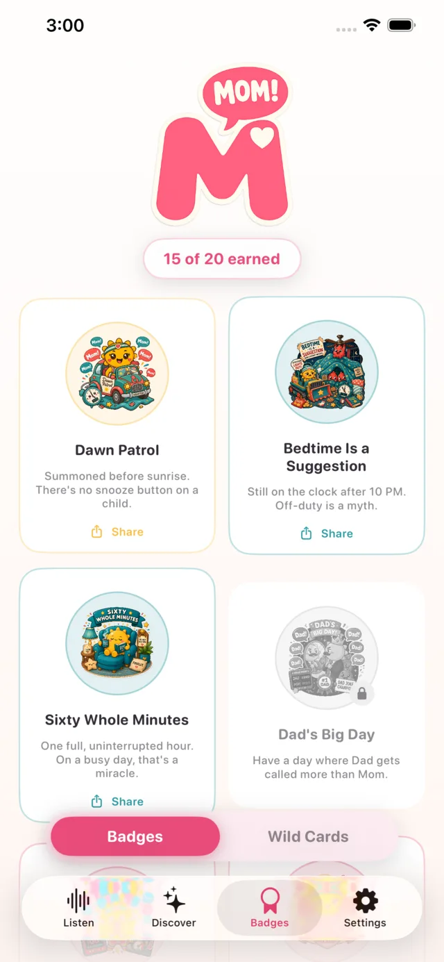 Badges tab with 15 of 20 earned and the Achievements and Wild Cards tabs