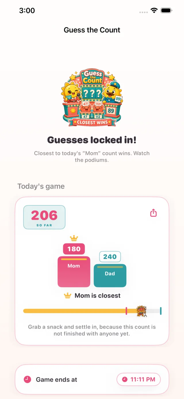 Guess the Count: Mom guessed 180, Dad guessed 240, Mom is closest at 206 so far