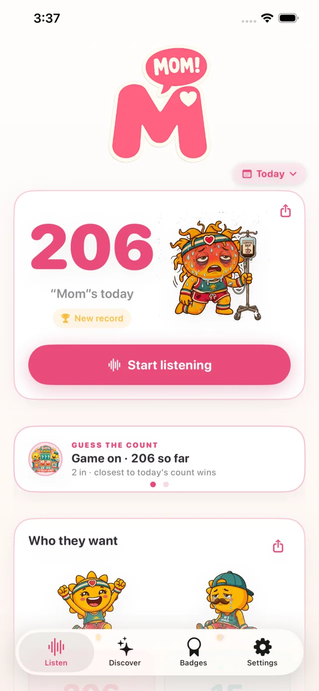 Momitor's Listen tab, 206 Moms today with the exhausted-mom mascot